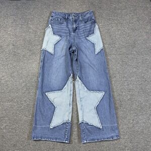 Hot Topic Star Patchwork Wide Leg Blue Denim Jeans Skate Alt Y2K Retro Size 7